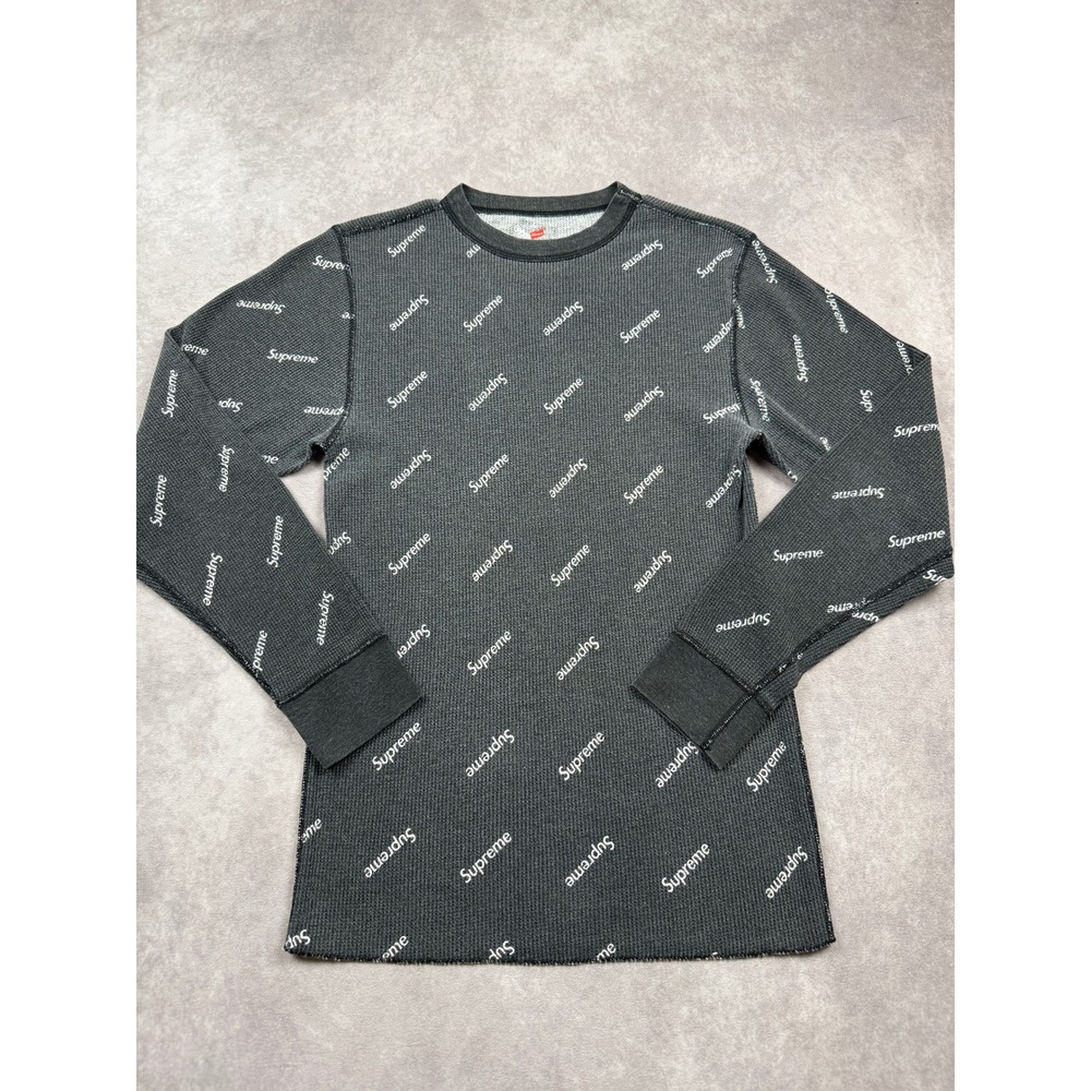 Supreme Hanes Beefy Thermal Long Sleeve Shirt Gray All Over Logo Print Mens M